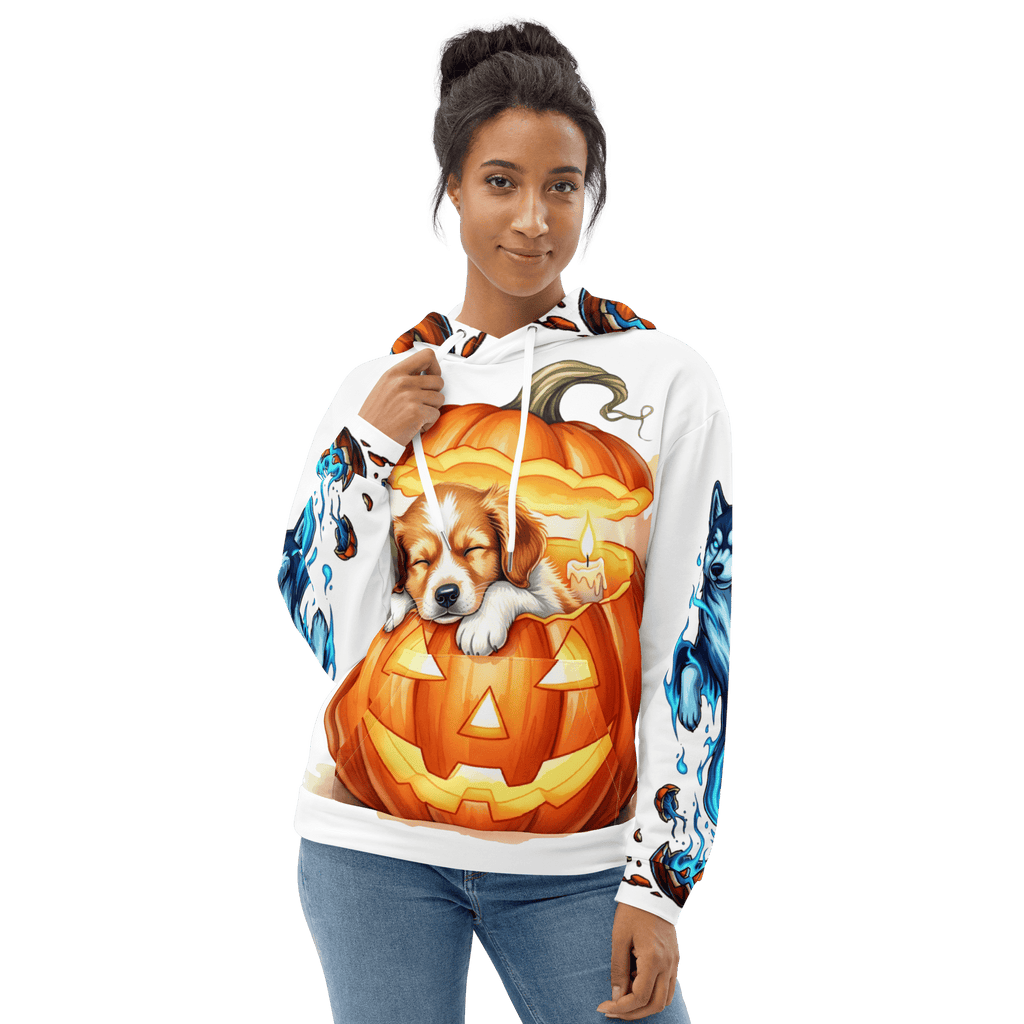 Woman wearing Pumpkin Dream Pup Halloween Hoodie – cozy white hoodie with sleeping dog inside glowing pumpkin design