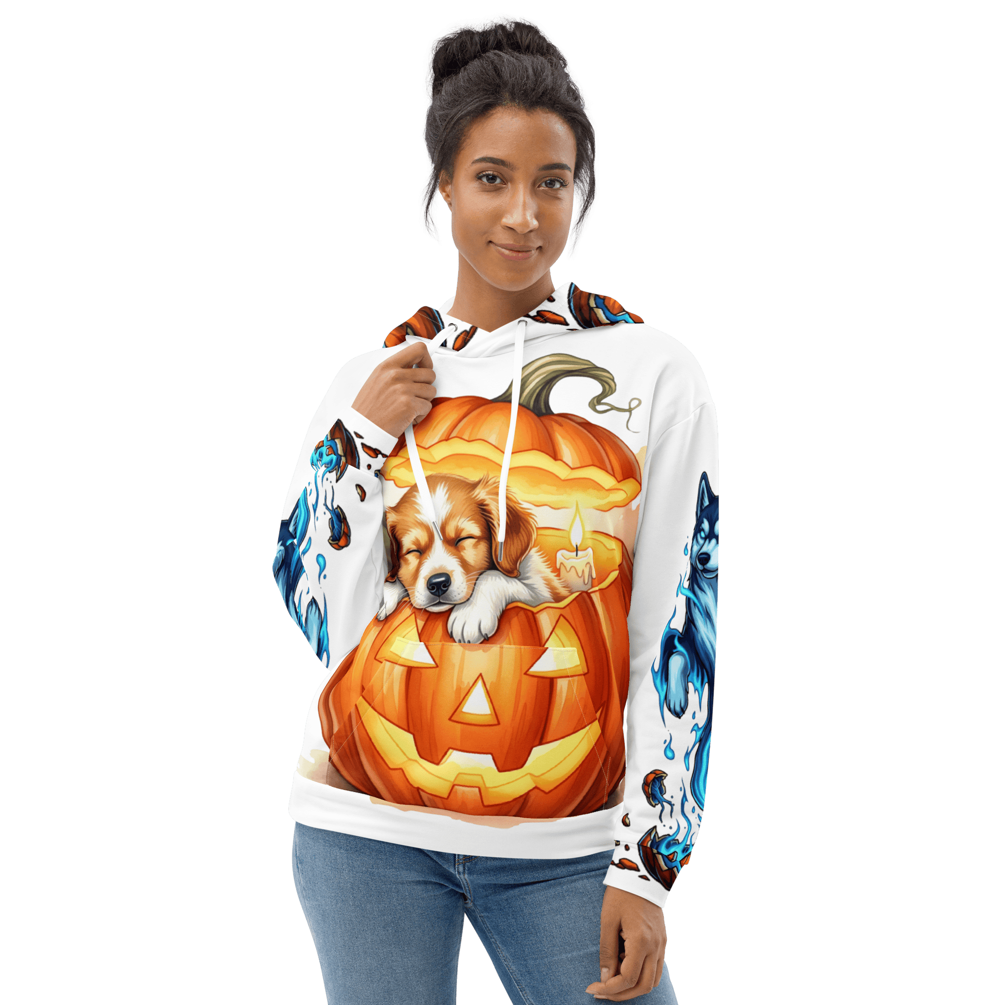 Woman wearing Pumpkin Dream Pup Halloween Hoodie – cozy white hoodie with sleeping dog inside glowing pumpkin design