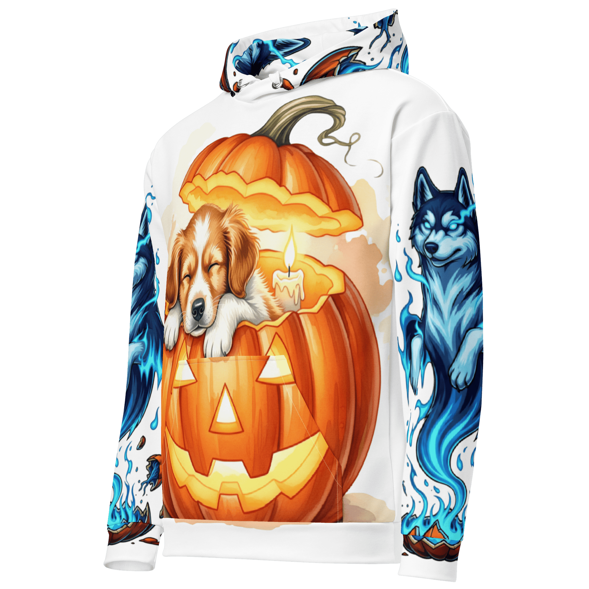 Angled view of Pumpkin Dream Pup Halloween Hoodie – pumpkin puppy and blue husky flame details on sleeves