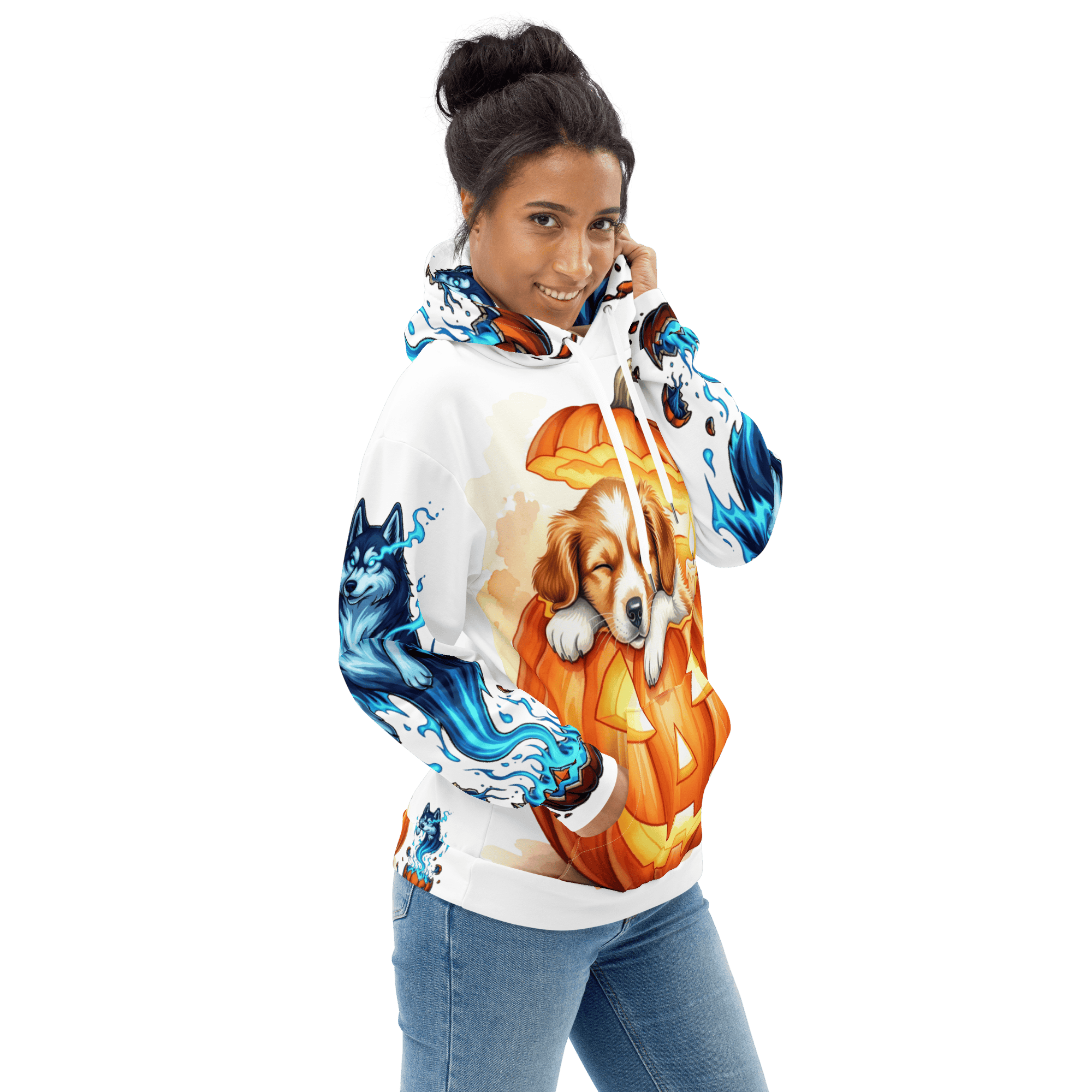 Woman smiling in Pumpkin Dream Pup Halloween Hoodie – adorable sleeping puppy in pumpkin and blue husky sleeve art