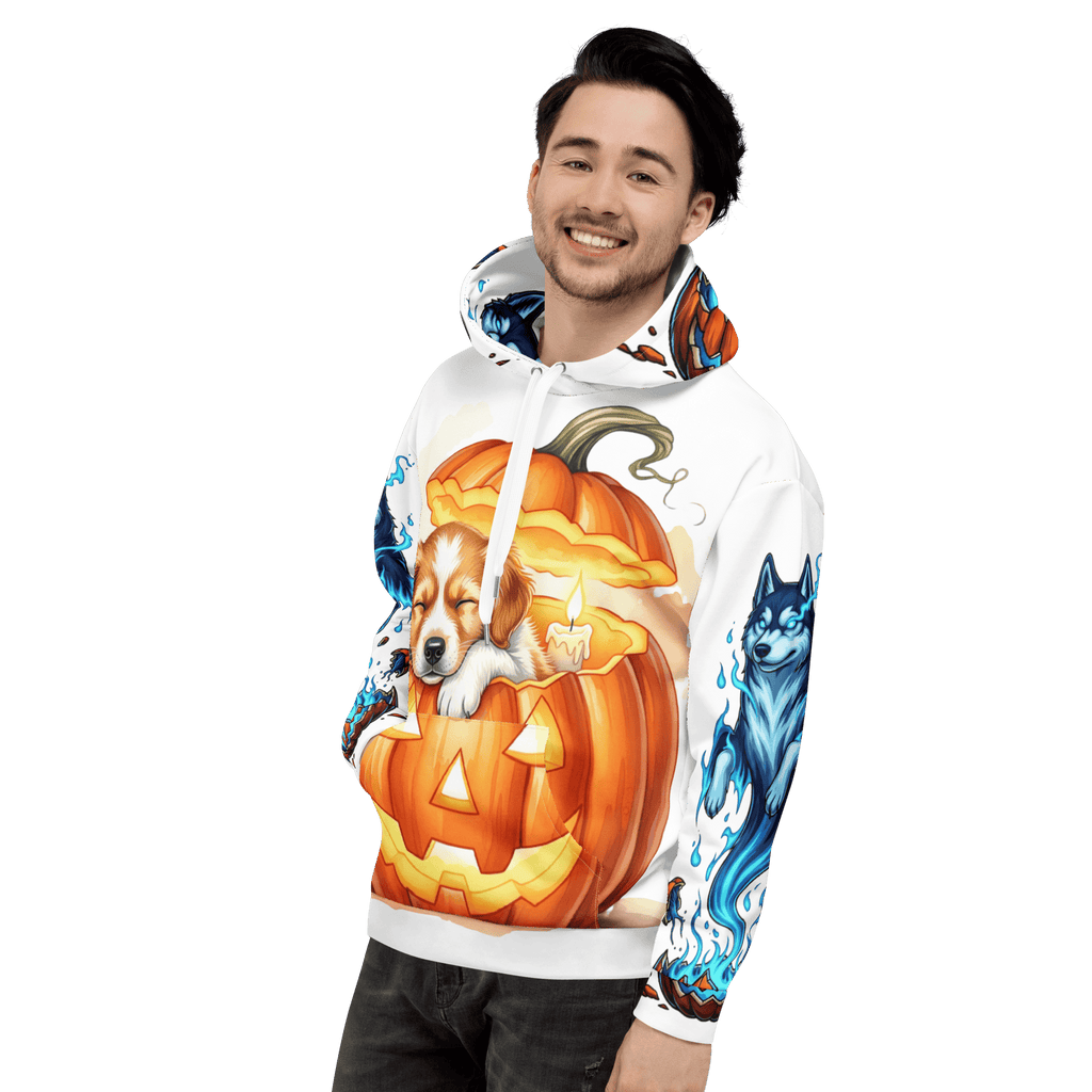 Man modeling Pumpkin Dream Pup Halloween Hoodie – white unisex hoodie with sleeping dog in jack-o’-lantern design