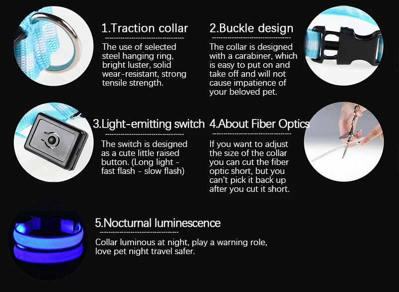 LED light-up dog collar with labeled parts showing functions and components