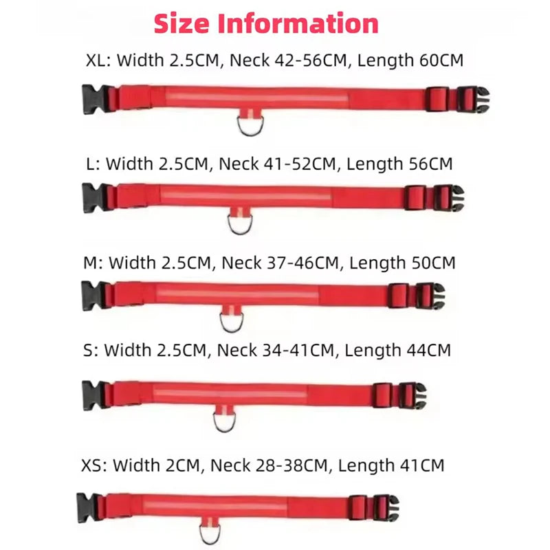 LED light-up dog collar size chart showing dimensions and fit for different dog sizes