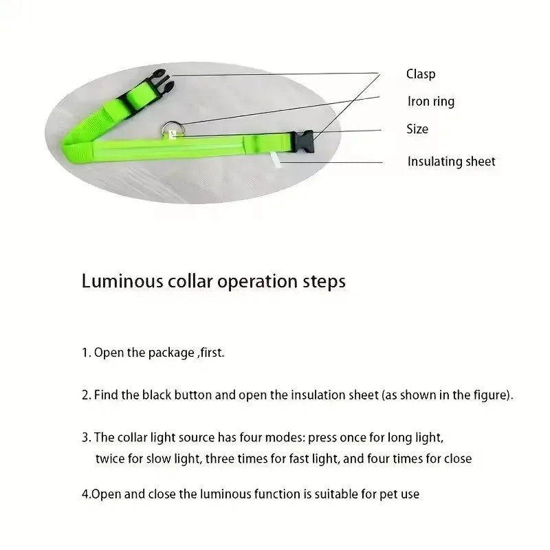 Green LED light-up dog collar shown open with labeled parts and instructions for operating the luminous collar