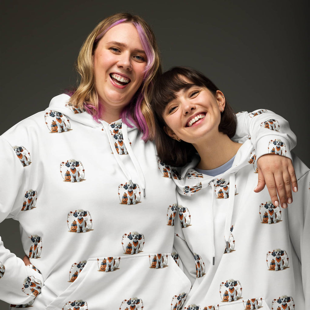 Matching Trick-or-Treat Pup Halloween Hoodies – friends wearing white dog and pumpkin design sweatshirts