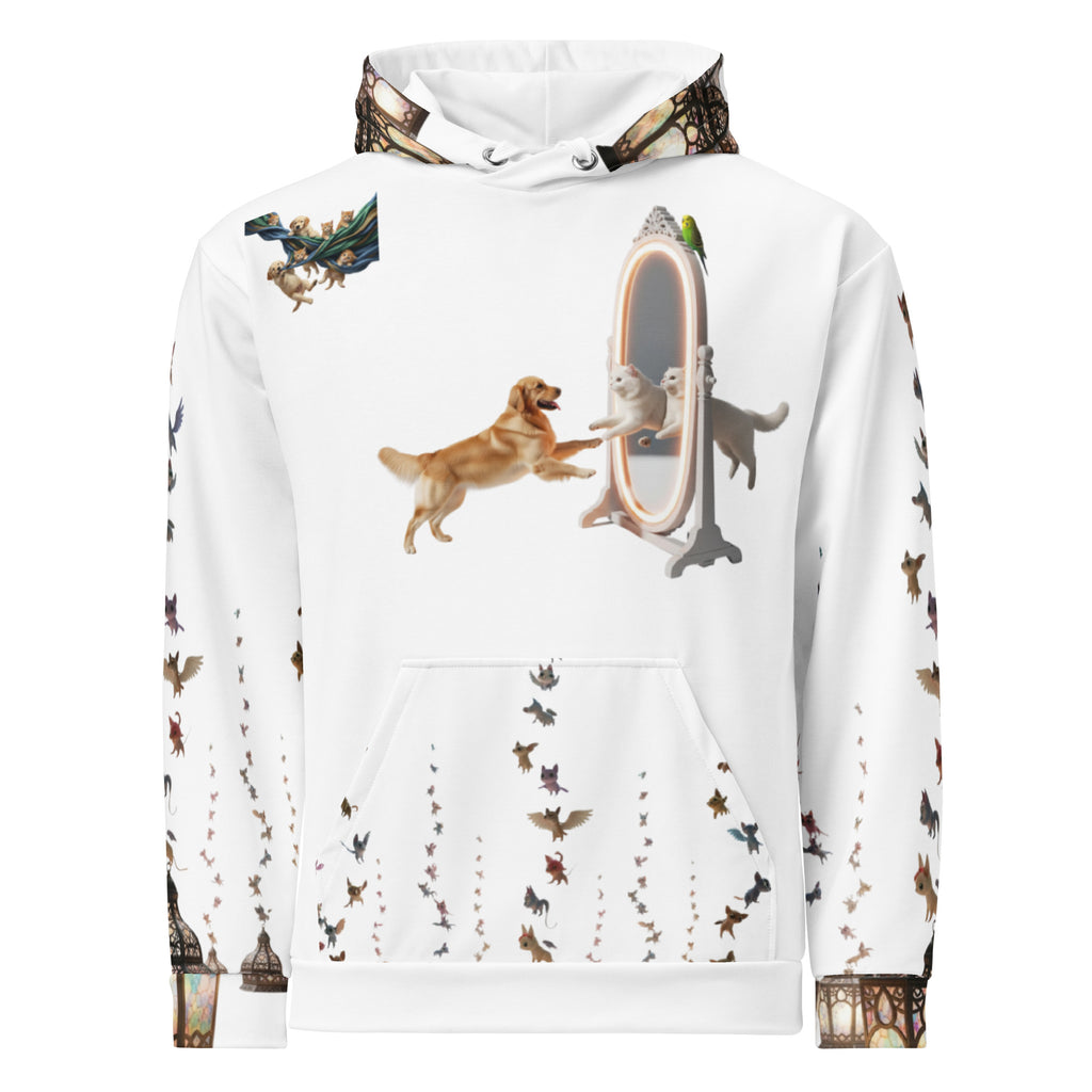 White hoodie with dog-themed design on a white background