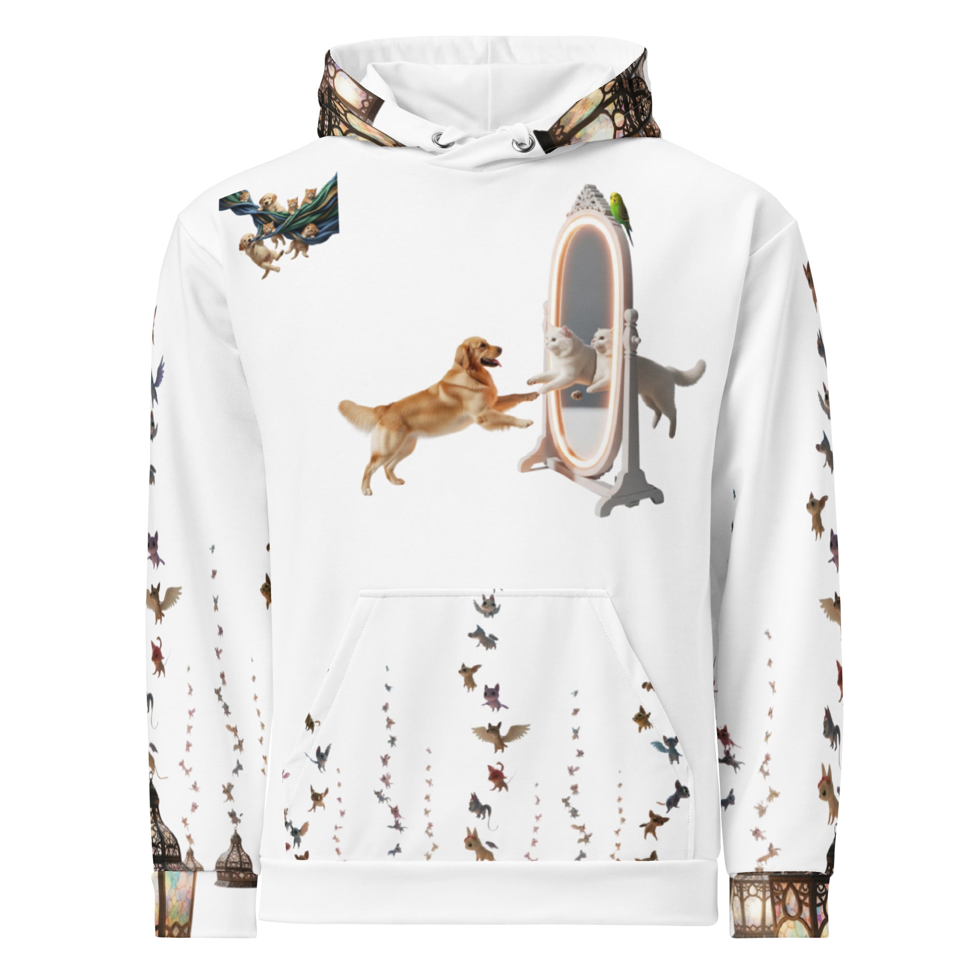 White hoodie with dog-themed design on a white background