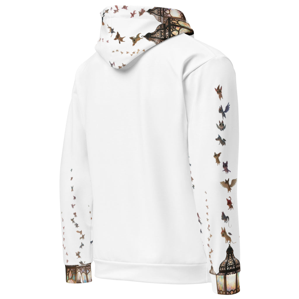 White hoodie with colorful designs on sleeves and hood on a white background