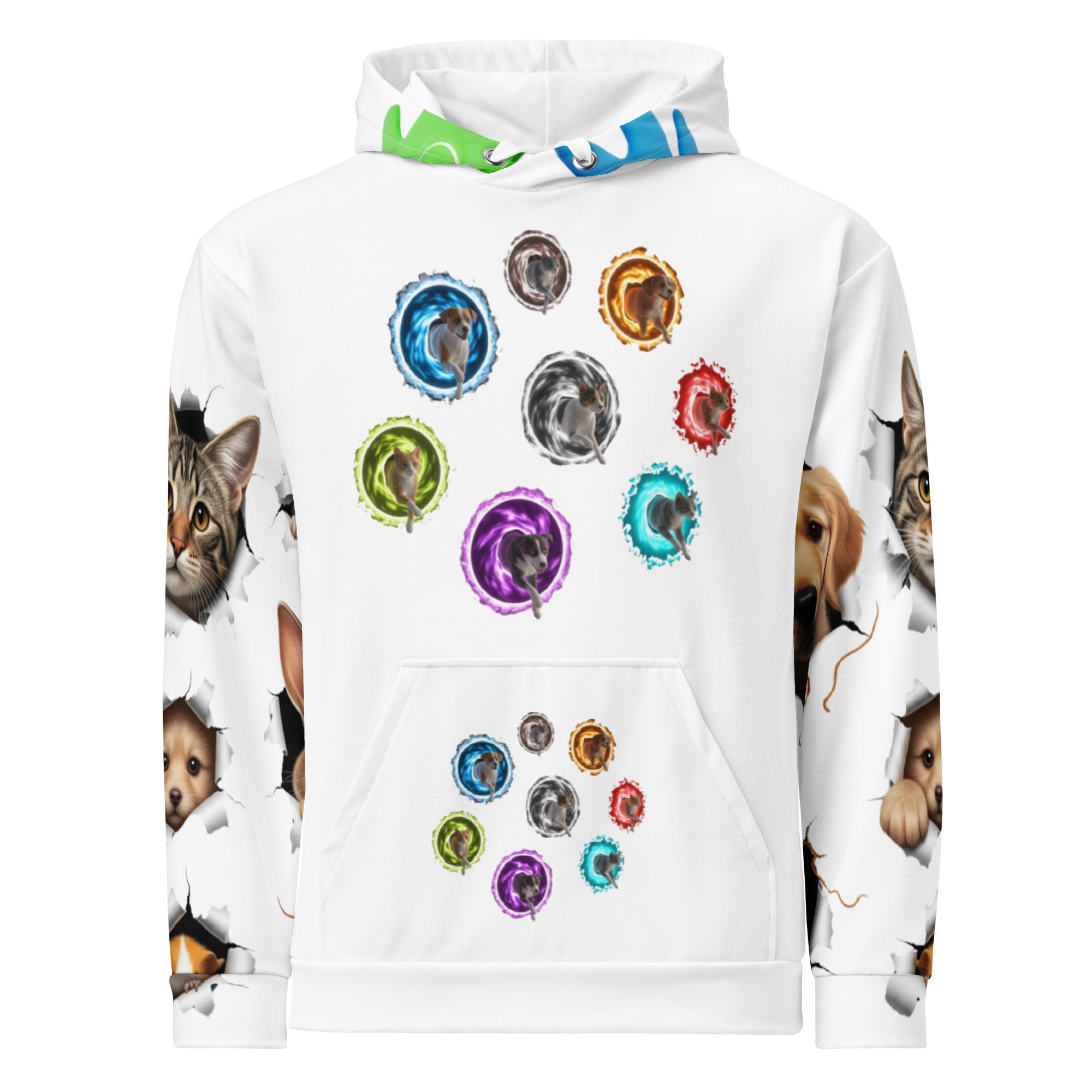 White hoodie with colorful animal face designs on a white background