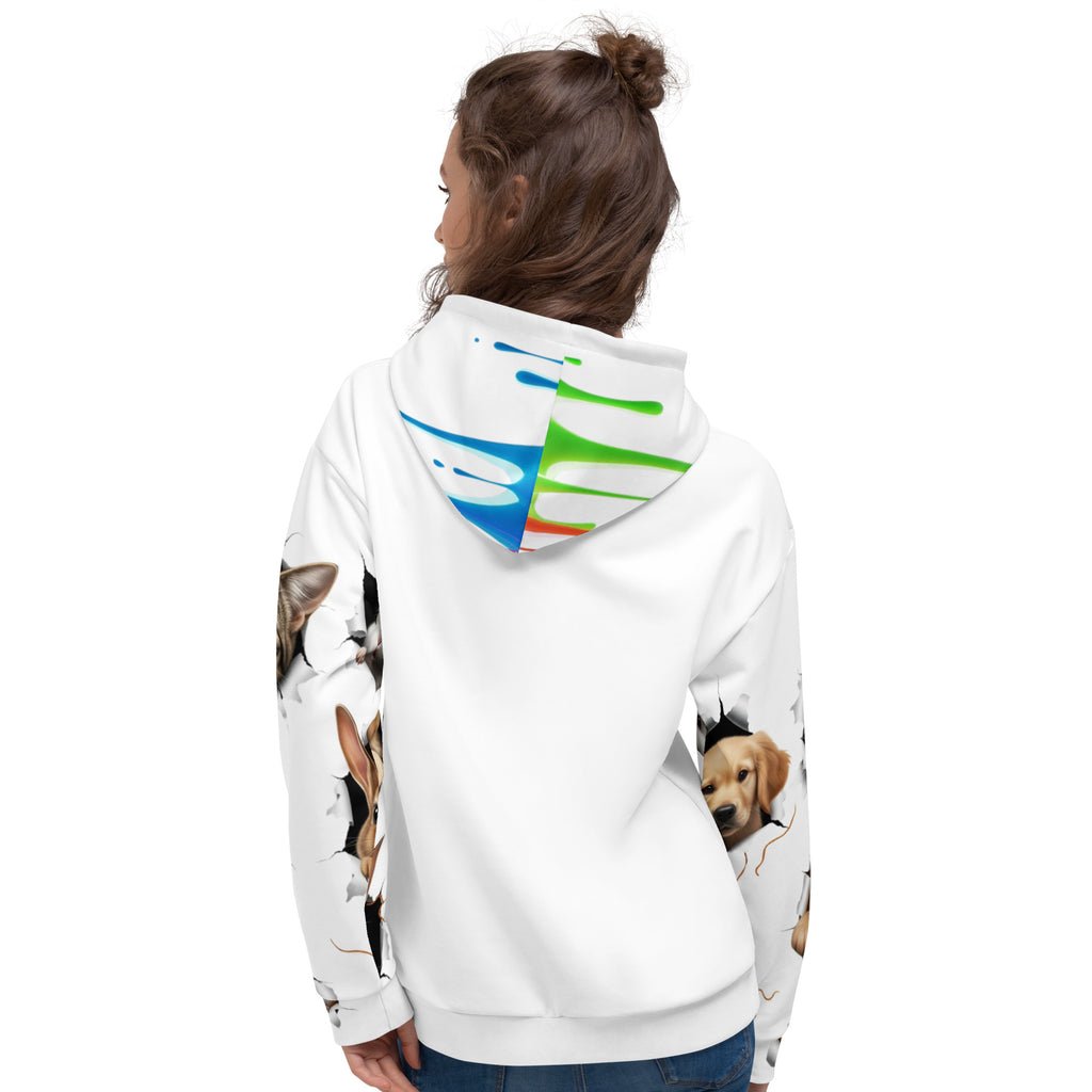 Person wearing a white hoodie with dog prints on the back, on a white background