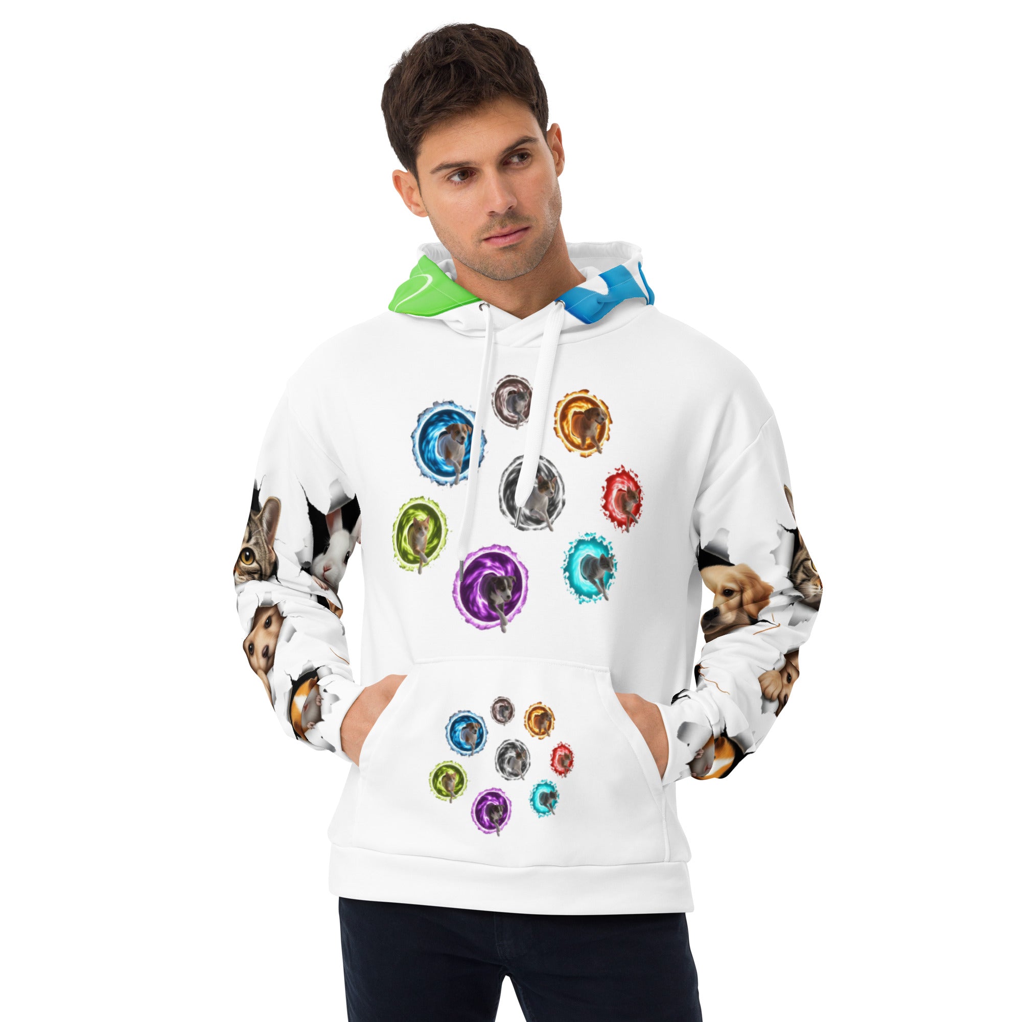 Man wearing a white hoodie with colorful circular designs and animal faces on a white background