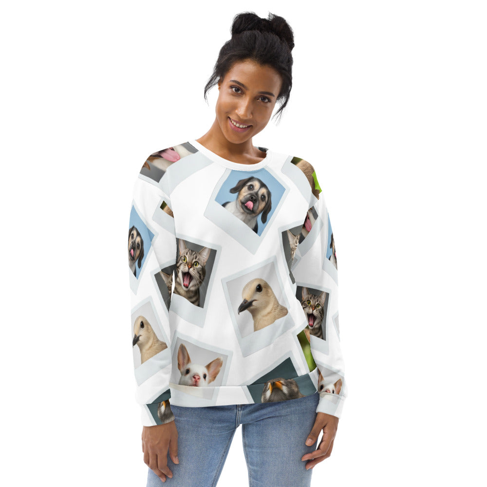 Unisex pet lover sweatshirt featuring polaroid collage of dogs, cats, and birds