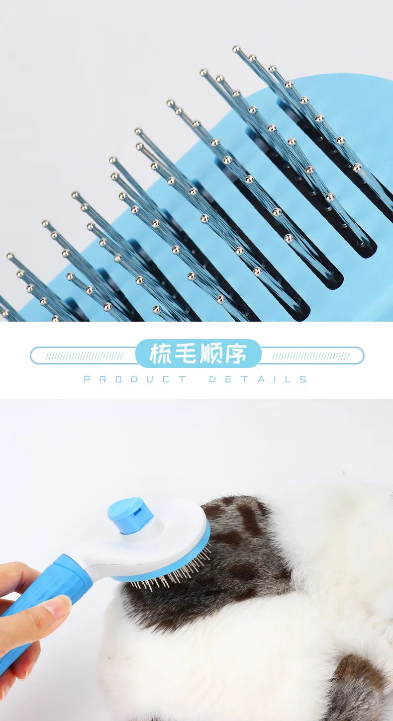 Close-up of the bristle side of a self-cleaning pet slicker brush while being used to groom a cat