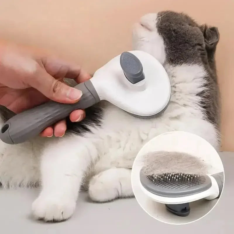 Self-cleaning pet slicker brush being used on a relaxed cat for grooming