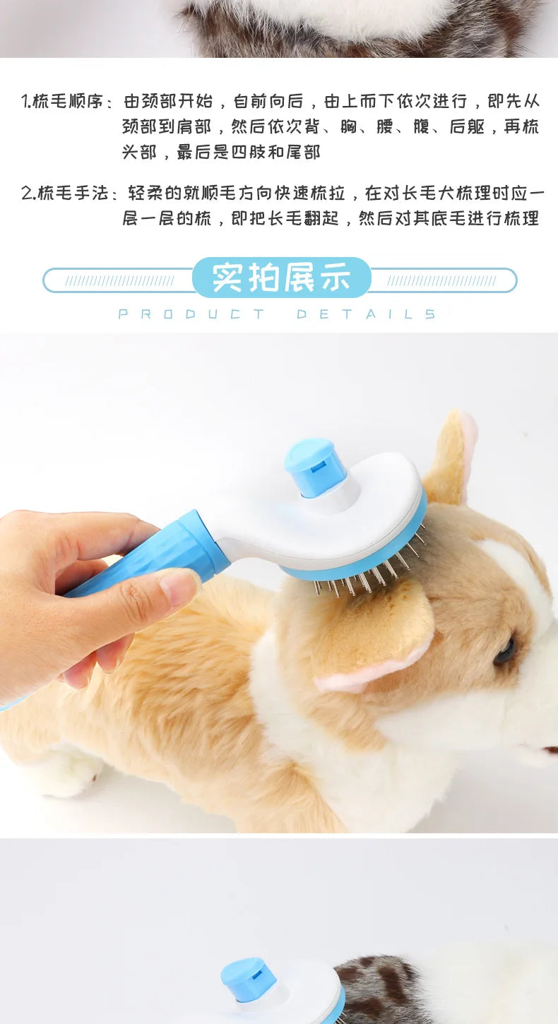 Self-cleaning pet slicker brush being used to groom both a cat and a dog