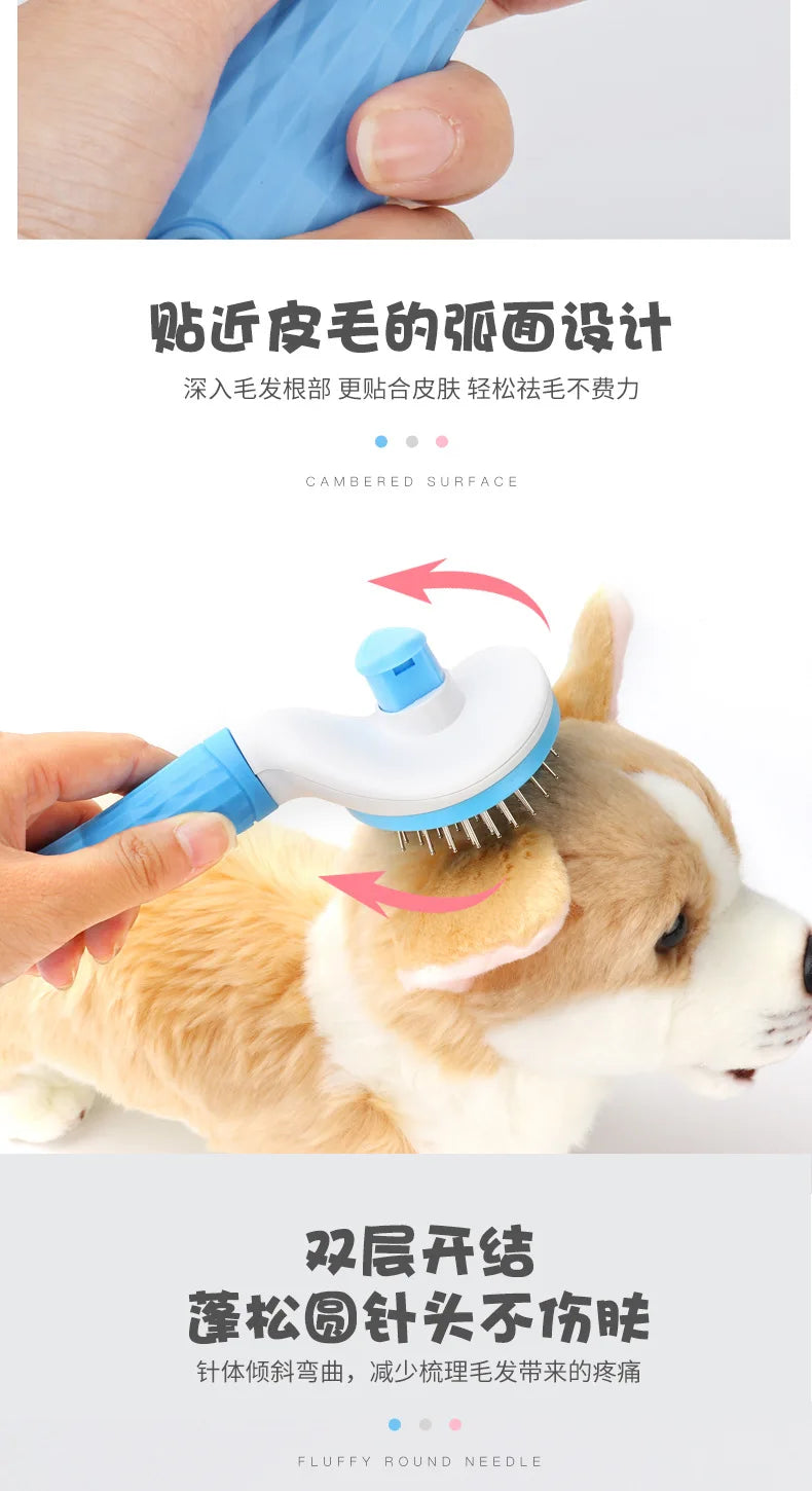 Dog being groomed with a self-cleaning pet slicker brush