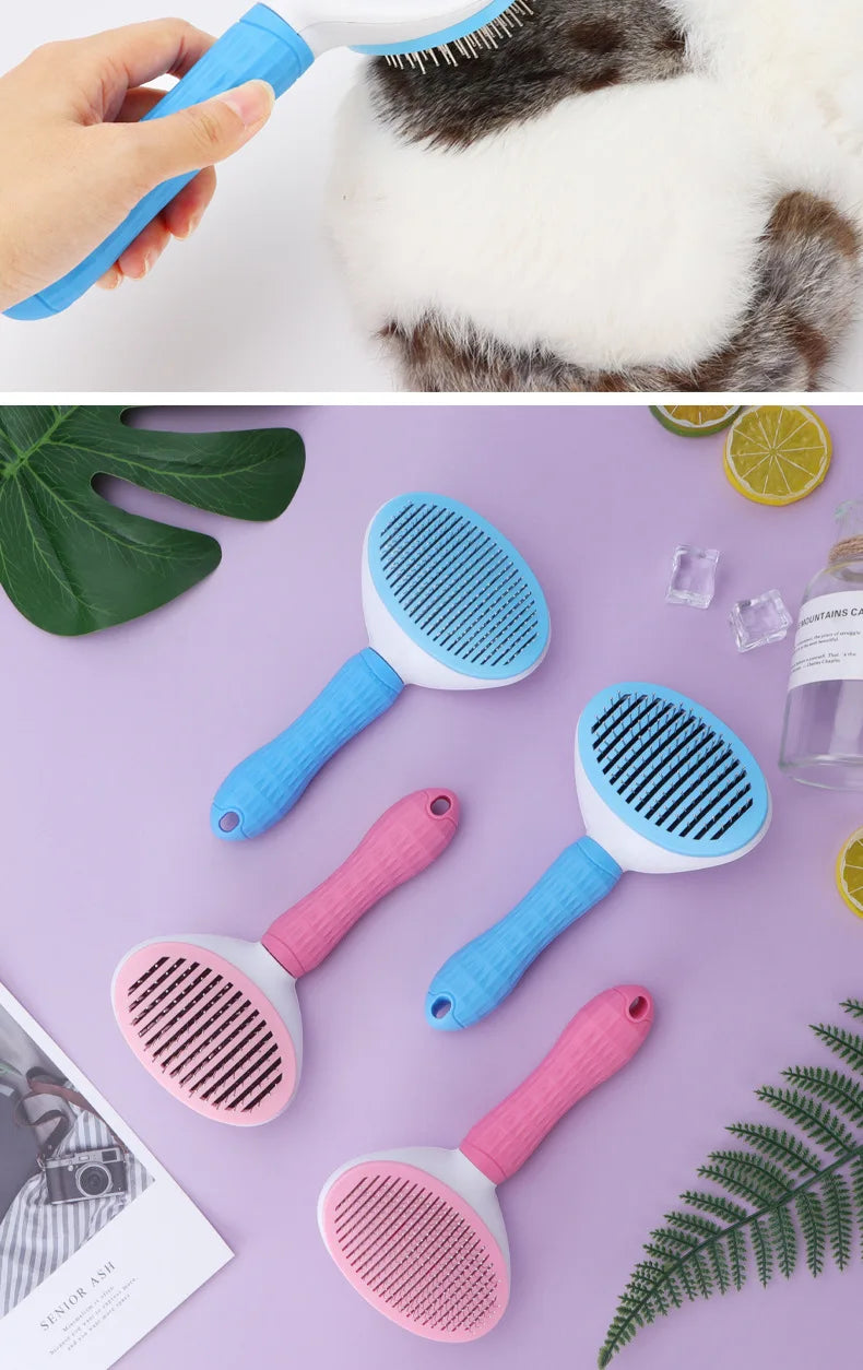 Pink and blue self-cleaning pet slicker brushes displayed together, with a blue brush being used to groom a cat