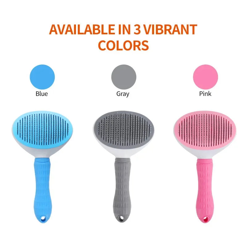 Self-cleaning pet slicker brushes displayed together in three colors: gray, pink, and blue