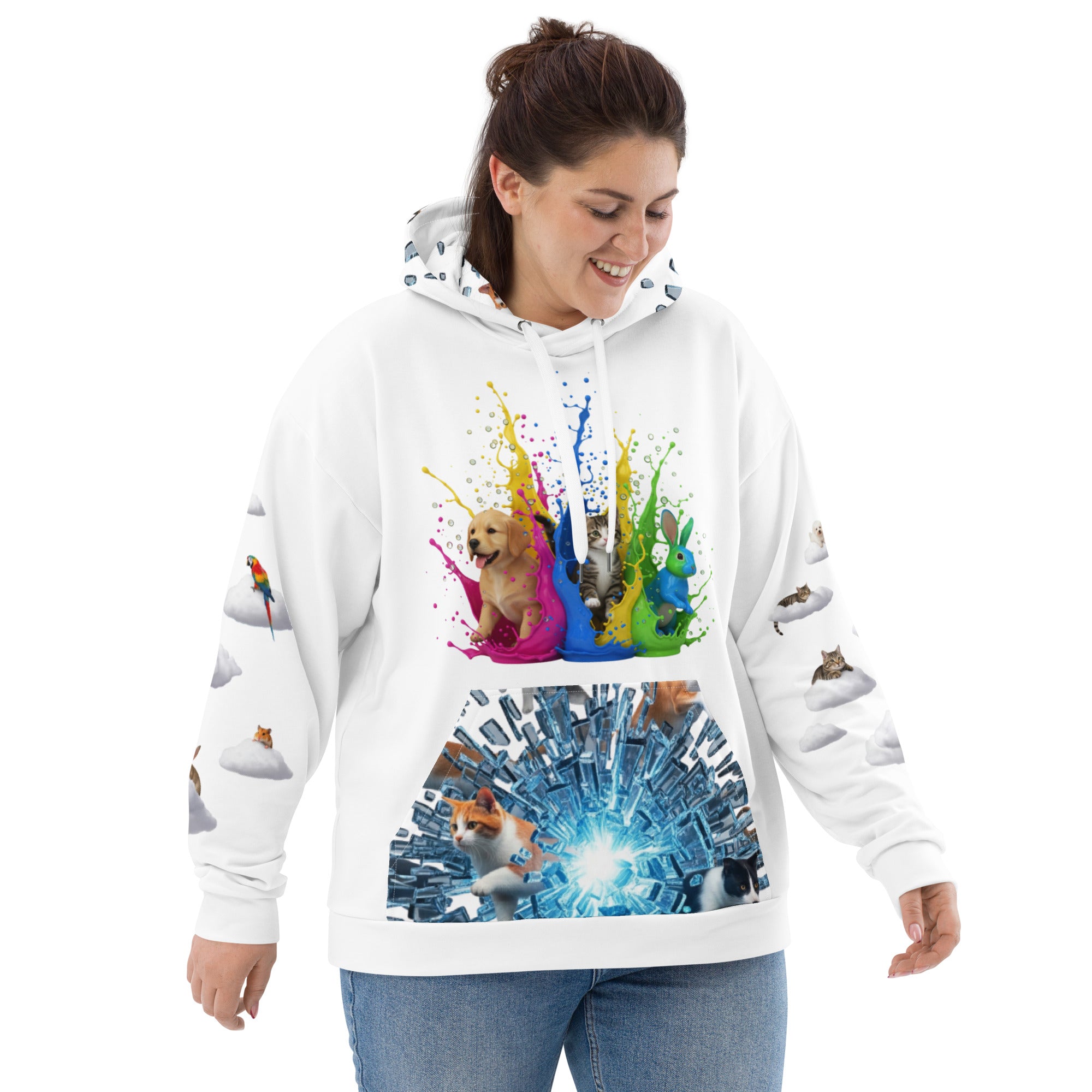 Woman wearing a white Color splash hoodie showing dog, cat, and rabbit trio with artistic energy
