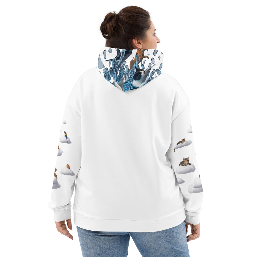 Person wearing a white hoodie with animal prints on the sleeves and back, on a white background