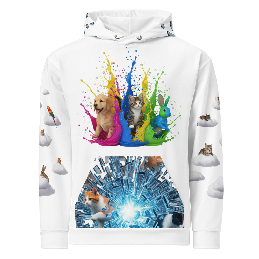 White hoodie with colorful pet (dog, rabbit, cat) design and ice-themed graphic on a white background